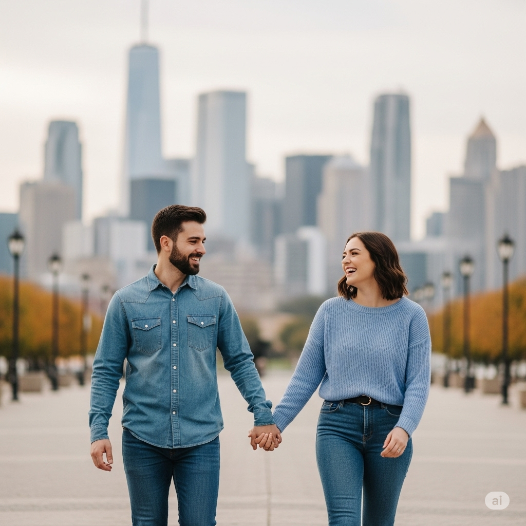 A couple waking freely laughing