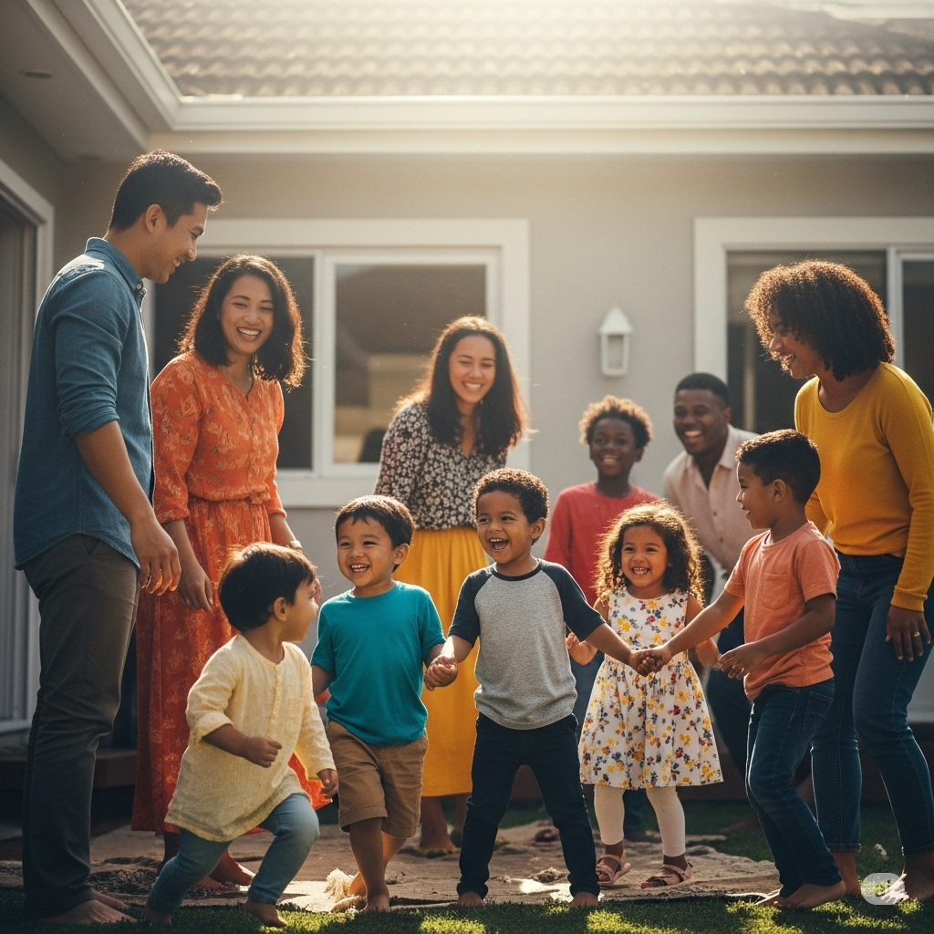 Culturally diverse people and their kids together