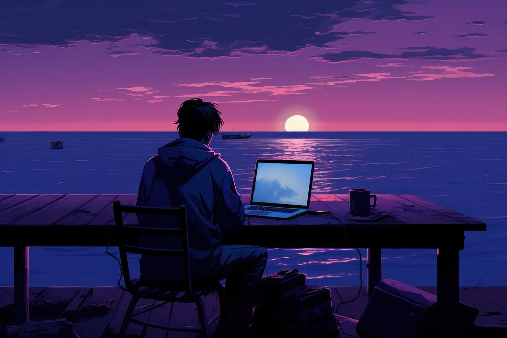 Animated image of a person using laptop outside a sea viewing place